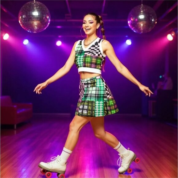 Patchwork Velour Mini Skirt – by NGOrder Green Pink Black Retro A‑Line Bold L - Picture 3 of 3